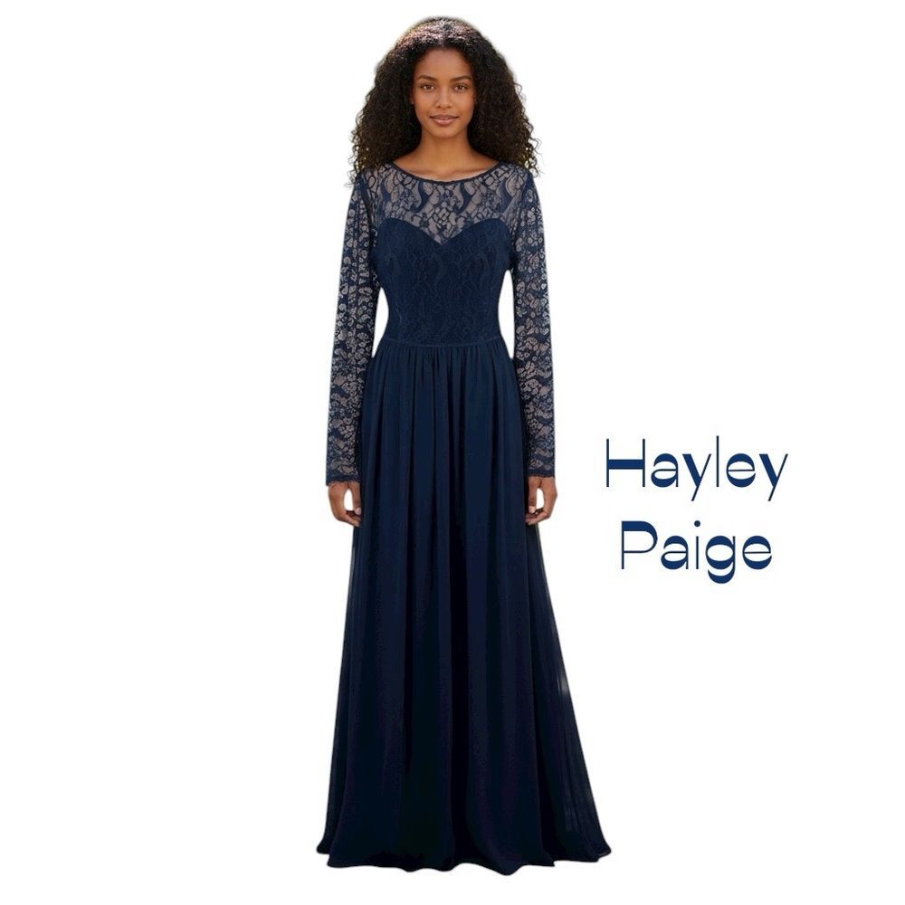 Hayley Paige Sheer Navy Chiffon Romantic Maxi Evening Dress NWT Size 14